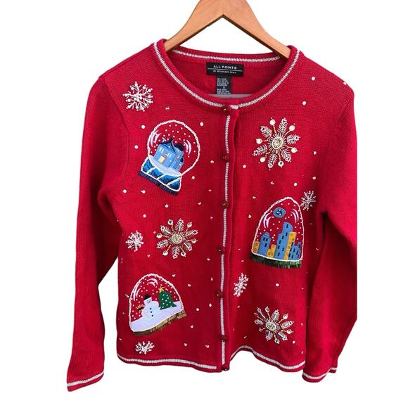 Vintage All Points Christmas Holiday Cardigan Felt Appliques Snow Globes SMALL - Picture 1 of 8